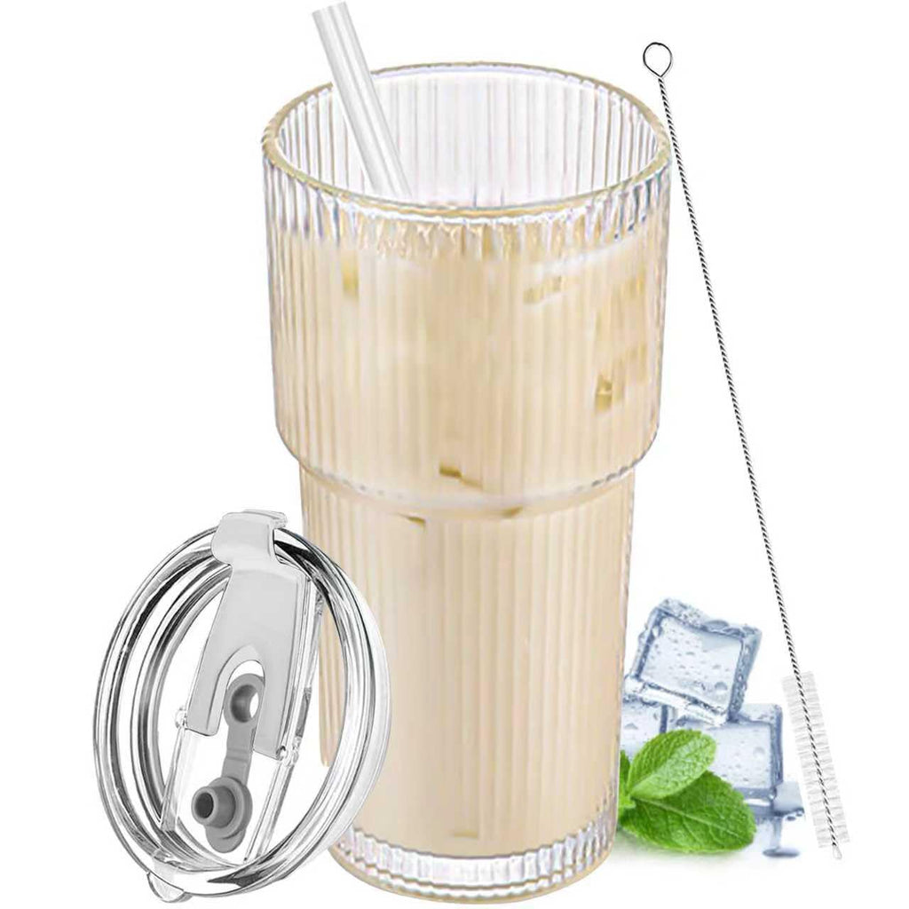 20 oz Clear Ribbed Glass Tumbler with Lid and Straw J6781