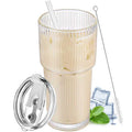 20 oz Clear Ribbed Glass Tumbler with Lid and Straw J6781
