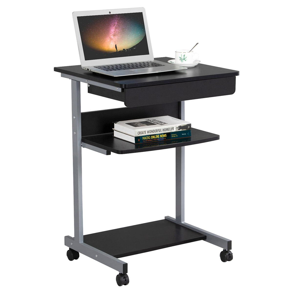 Black Rolling Desk with Drawer and Printer Shelf Z22287