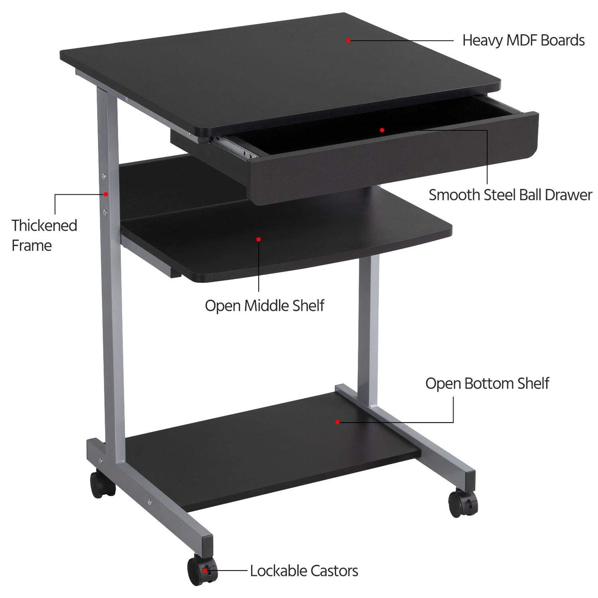 Black Rolling Desk with Drawer and Printer Shelf Z22287
