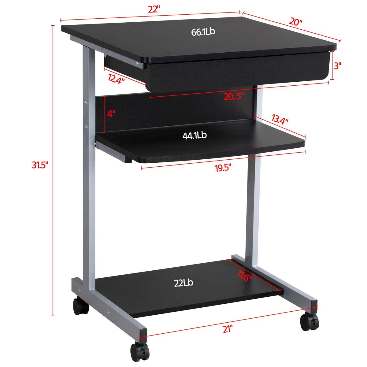 Black Rolling Desk with Drawer and Printer Shelf Z22287