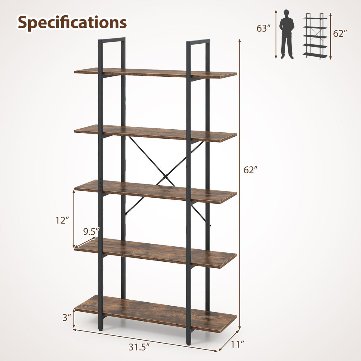 5-Tier Rustic Brown Bookshelf with Metal Frame W178368