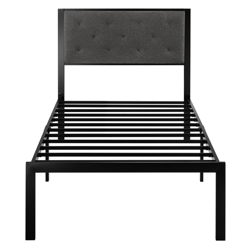 Twin Bed Frame with Upholstered Headboard, Dark Grey V76081