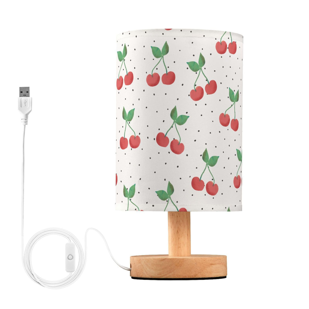 Red Cherry Table Lamp with USB Ports and Fabric Lampshade D521