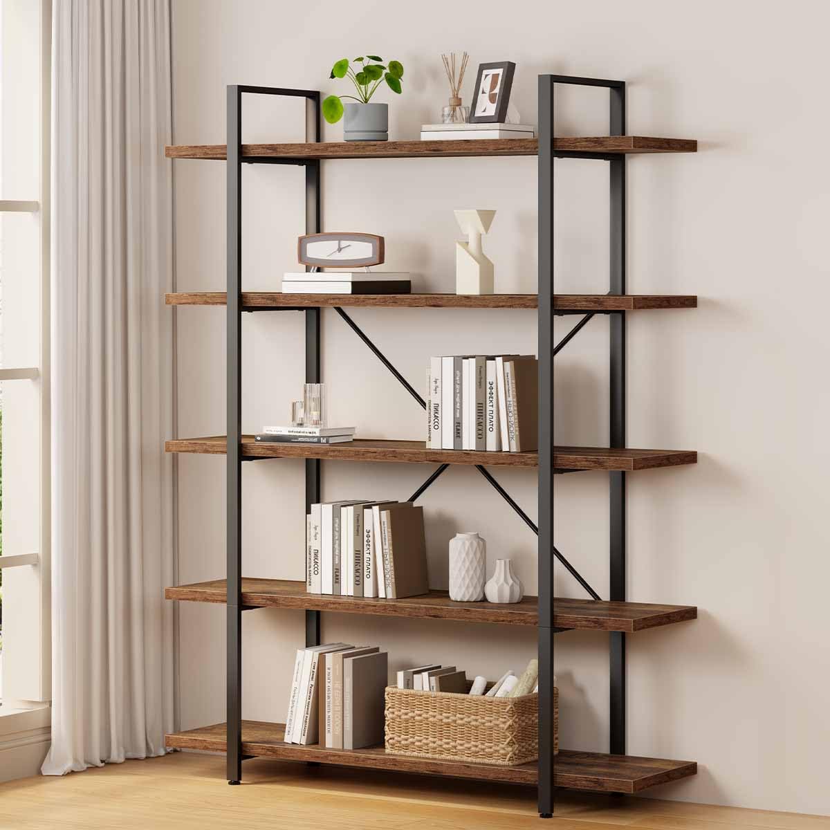Rustic Brown 5 Shelf Wood Bookshelf Q334813