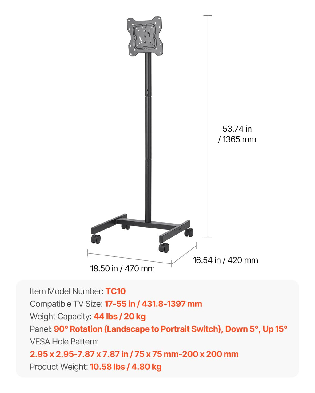 Rolling TV Stand for 17-55 Inch Screens with Wheels Z45437