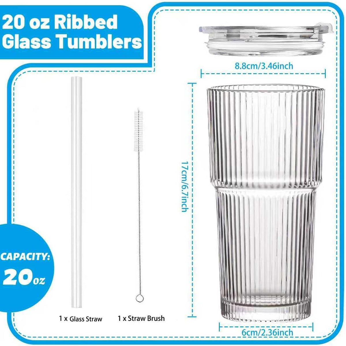20 oz Clear Ribbed Glass Tumbler with Lid and Straw J6781