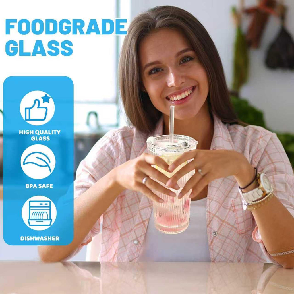20 oz Clear Ribbed Glass Tumbler with Lid and Straw J6781