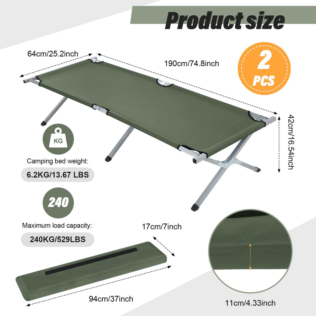 2 Pcs Army Green Folding Camping Cot Bed with Carry Bag M586