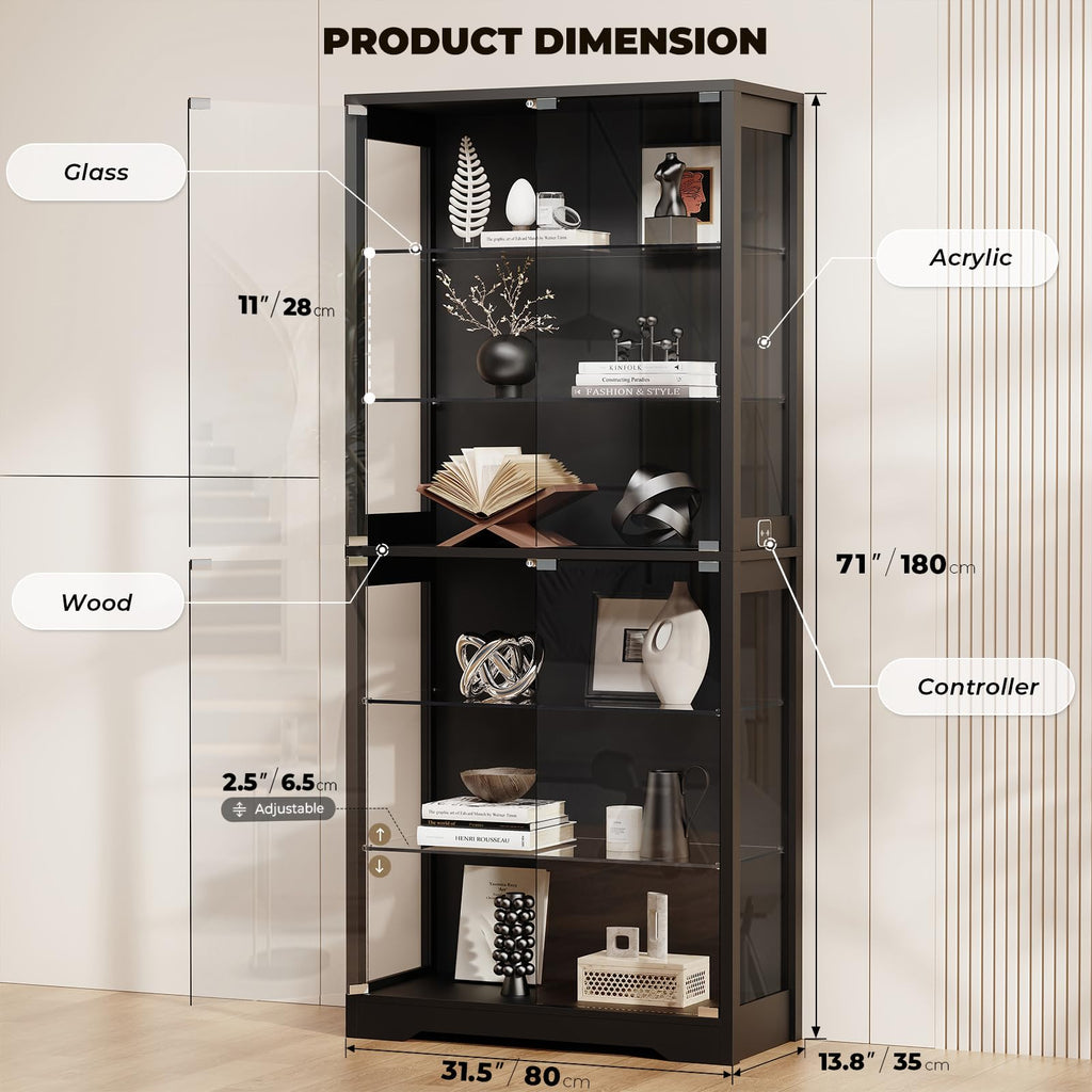 71" Tall Display Cabinet with Glass Door and 3-Color Lights, Black P392