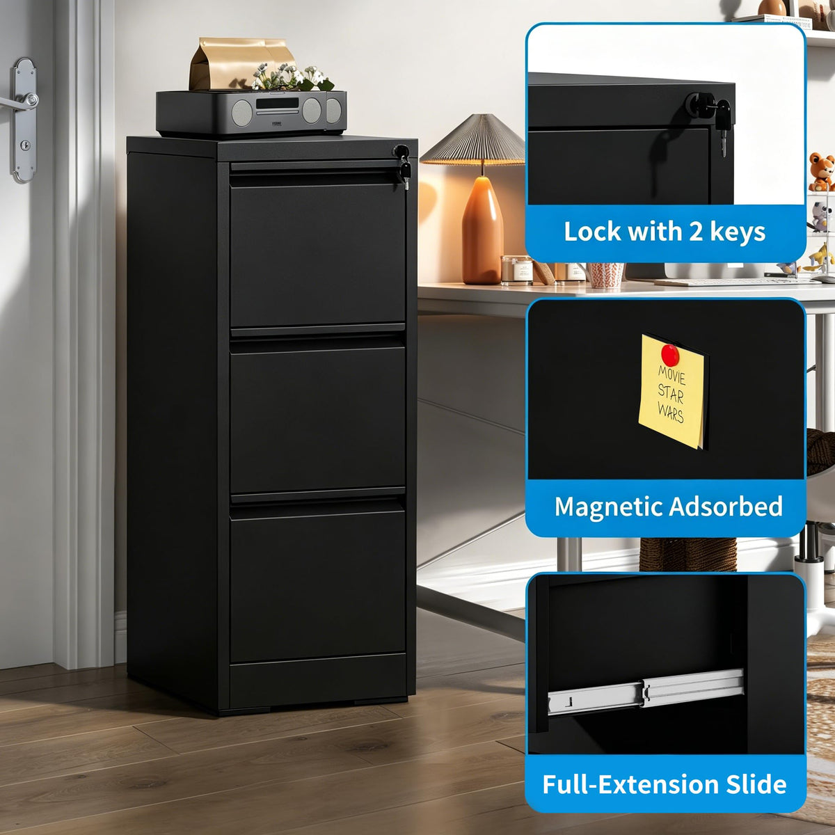 Black 3 Drawer Locking Metal Filing Cabinet L81986