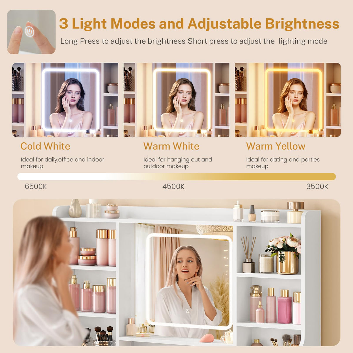 White Vanity Desk with Mirror and Lights C439509
