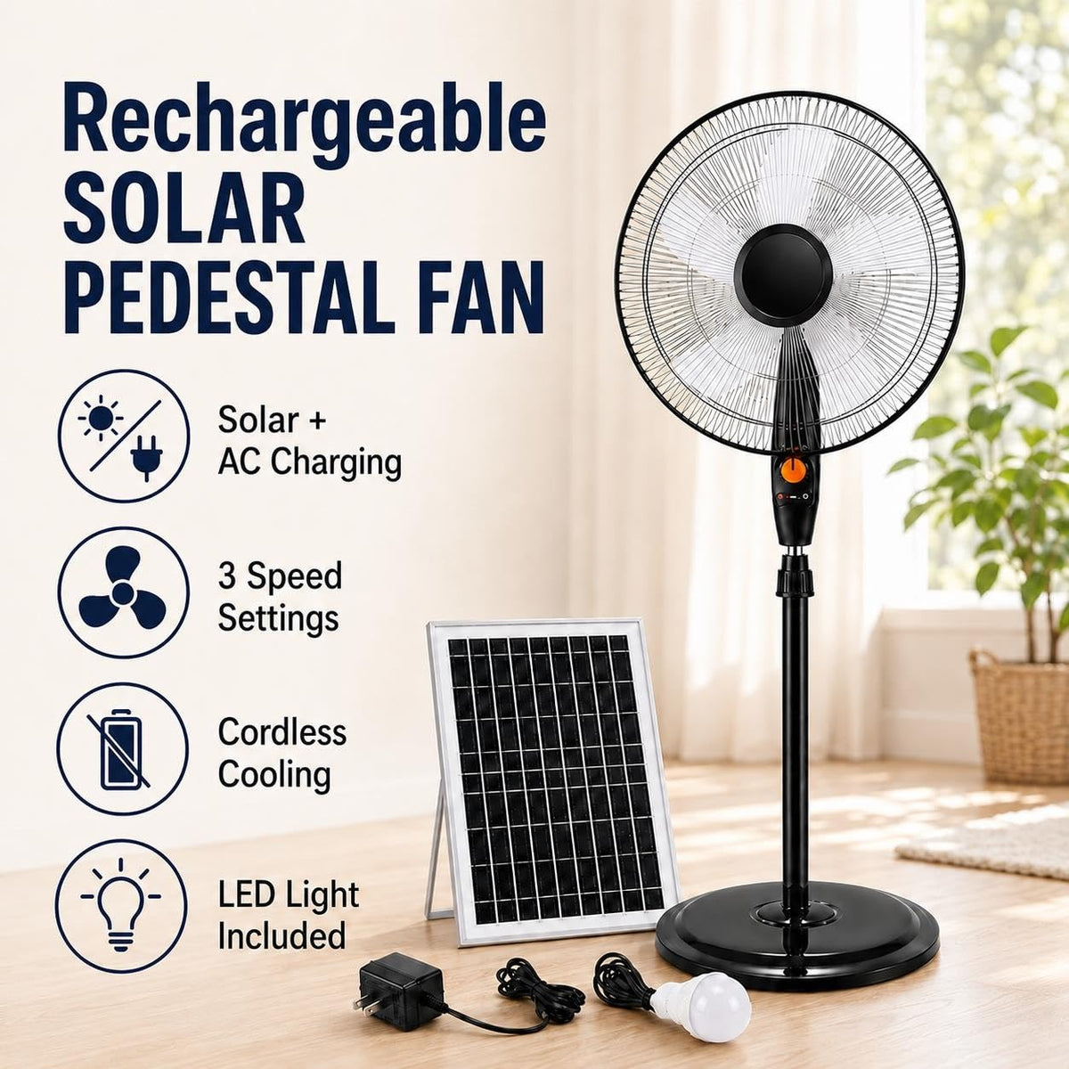 Rechargeable Pedestal Fan with Solar Panel D446