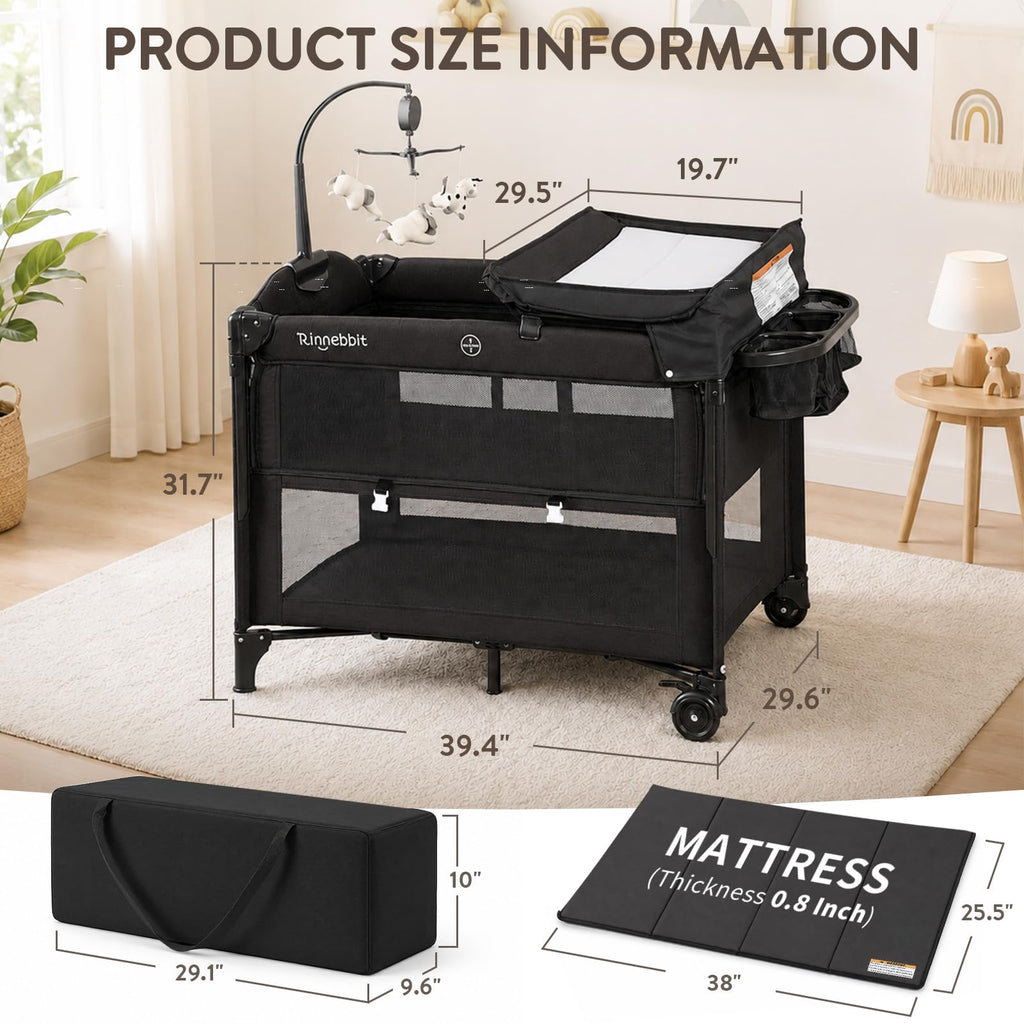 4-in-1 Pack and Play, Baby Bassinet Bedside Sleeper, Black M437