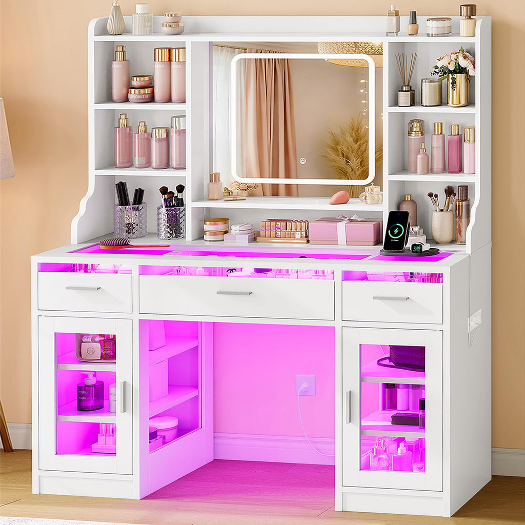 White Vanity Desk with Mirror and Lights C439509