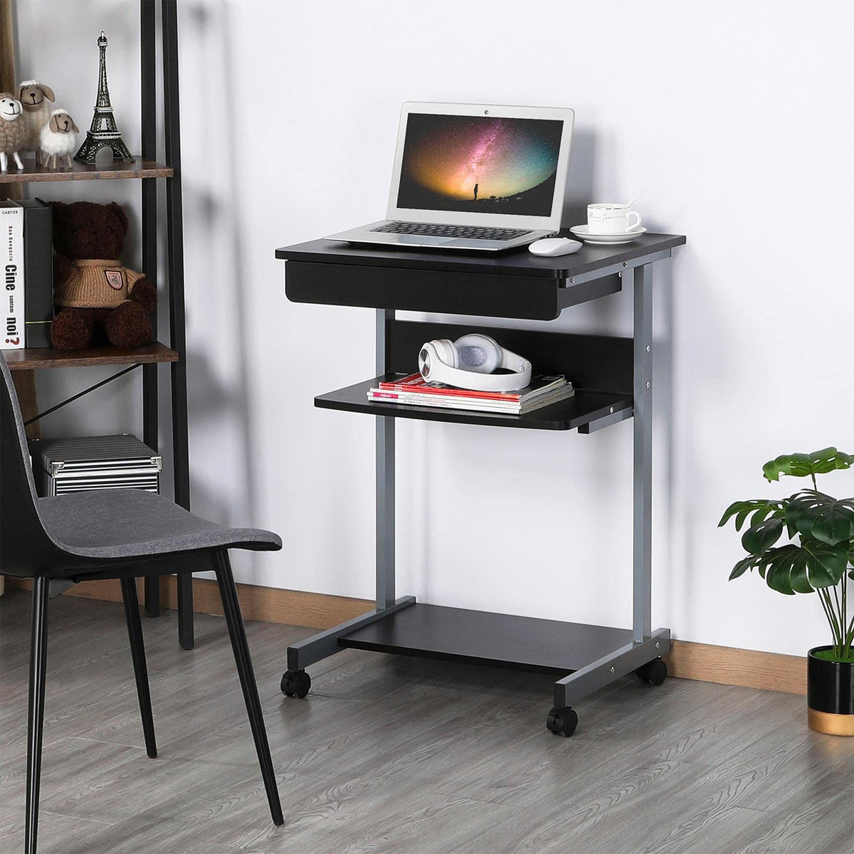Black Rolling Desk with Drawer and Printer Shelf Z22287