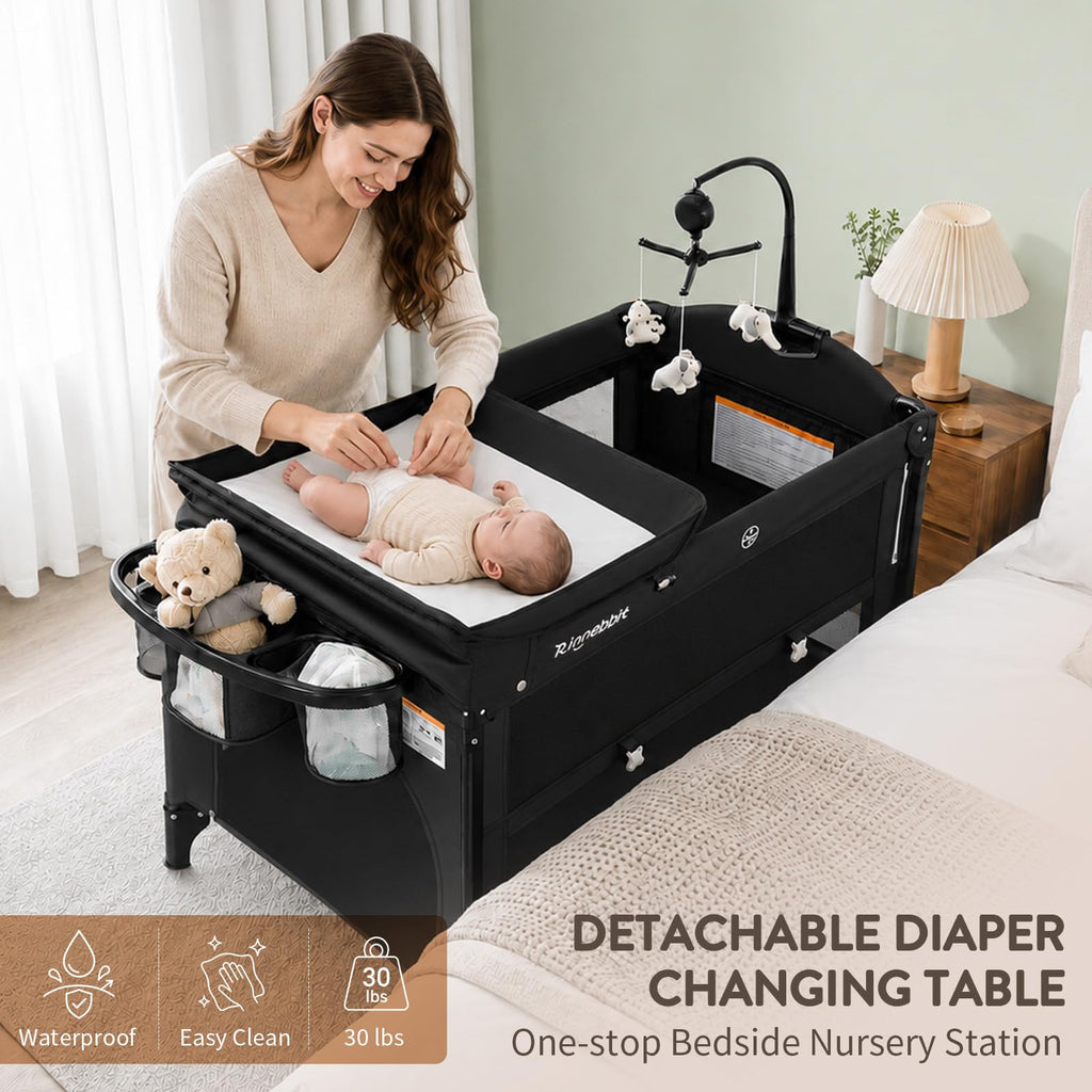 4-in-1 Pack and Play, Baby Bassinet Bedside Sleeper, Black M437