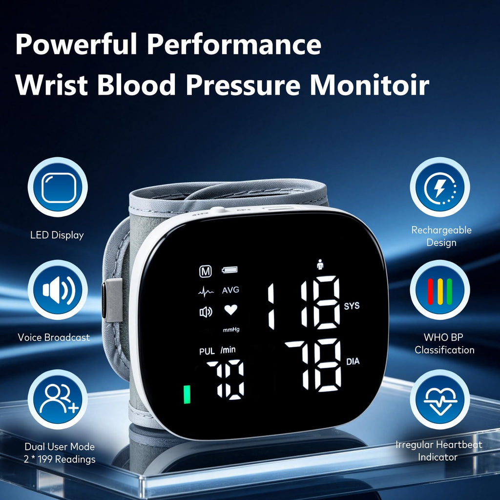 Wrist Blood Pressure Monitor Rechargeable Digital Voice Broadcast LED Backlit 199 Memory Storage for 2 Users with Carrying Case Z10206