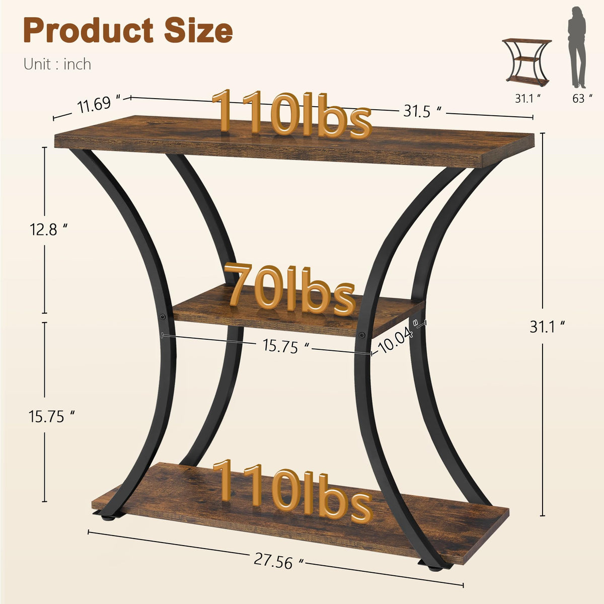 3 Tier Console Table with Open Wood Shelves N7781