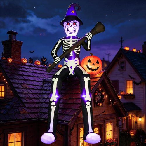 12 FT Halloween Inflatable Skeleton Wizard with Broom & Pumpkin P299