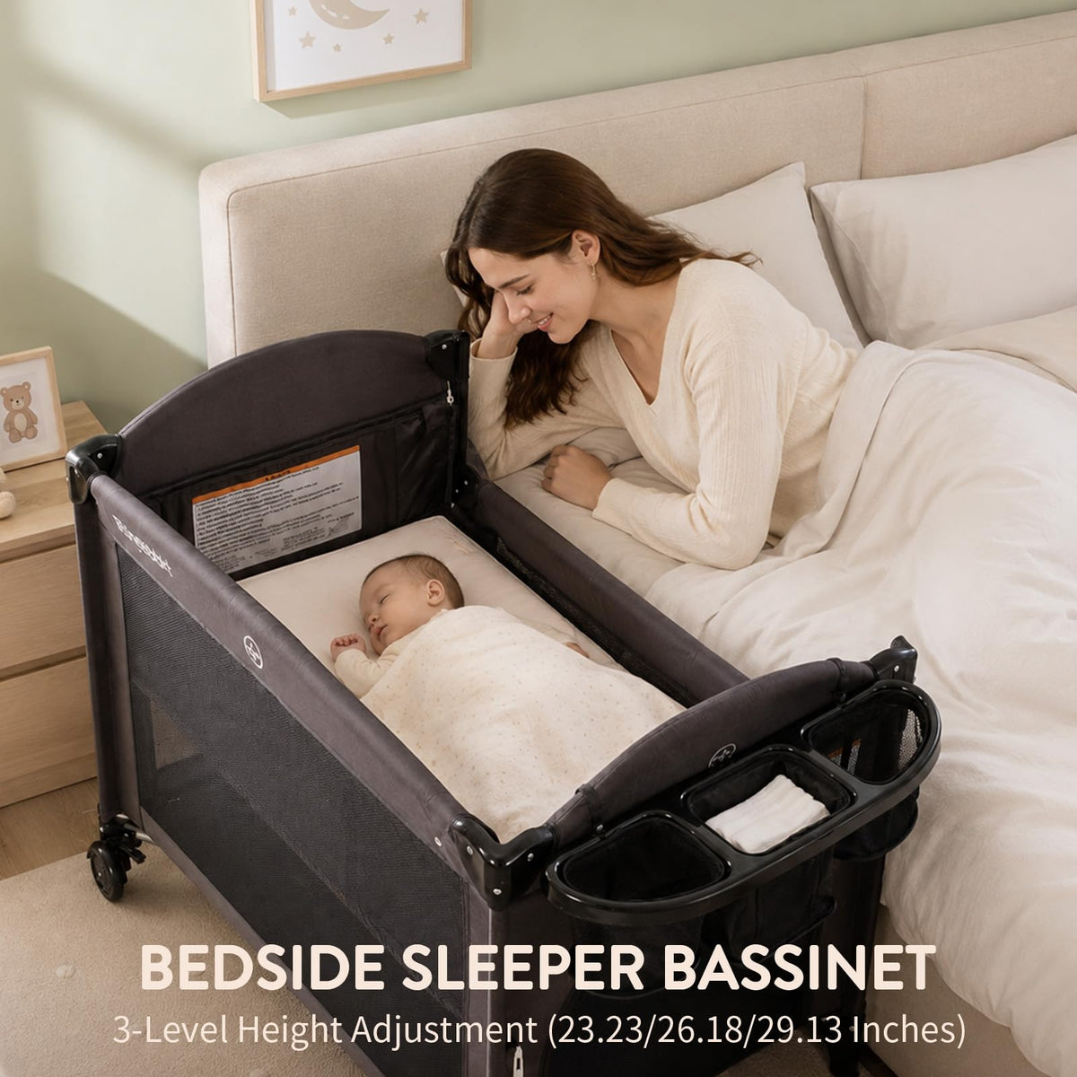 4-in-1 Pack and Play, Baby Bassinet Bedside Sleeper, Black M437