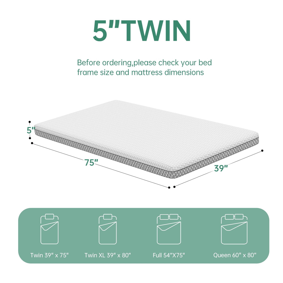 5 Inch Gel Memory Foam Twin Mattress K336