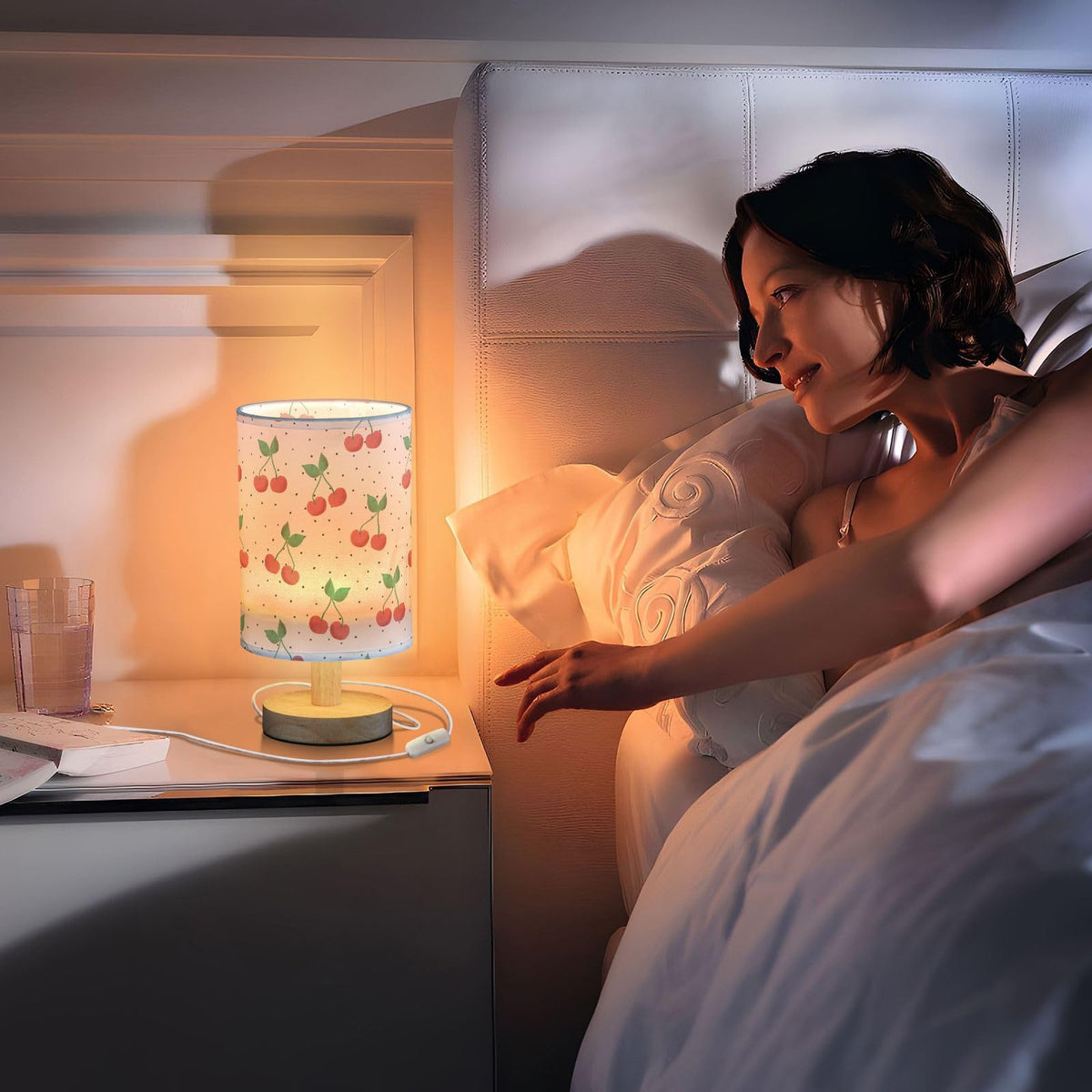Red Cherry Table Lamp with USB Ports and Fabric Lampshade D521