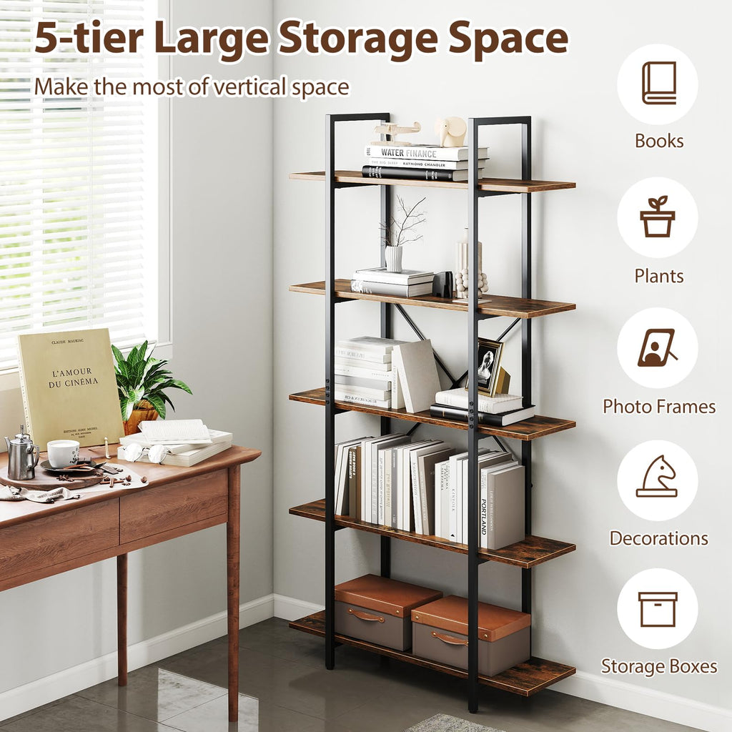 5-Tier Rustic Brown Bookshelf with Metal Frame W178368
