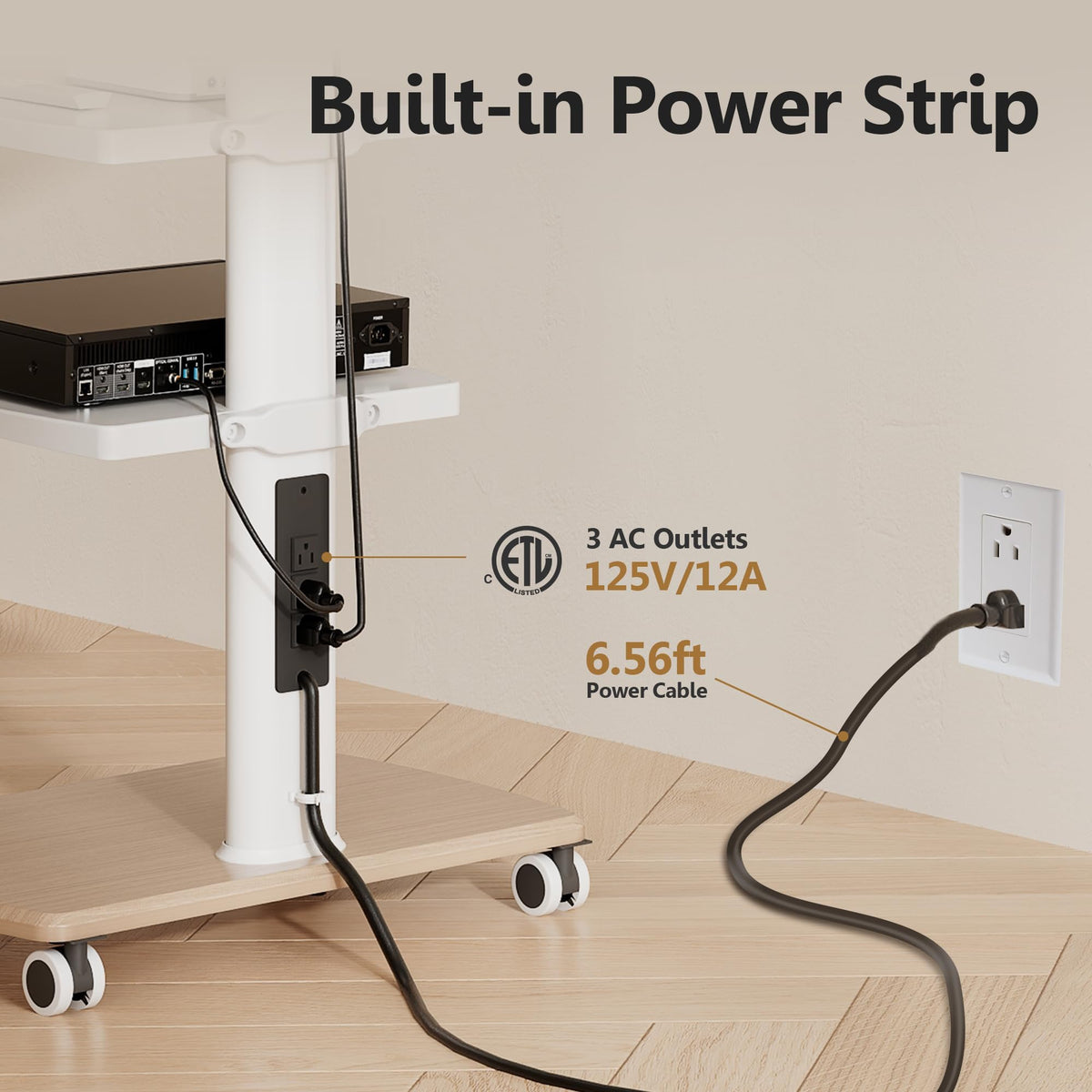 White Rolling TV Stand with Power Outlets T662