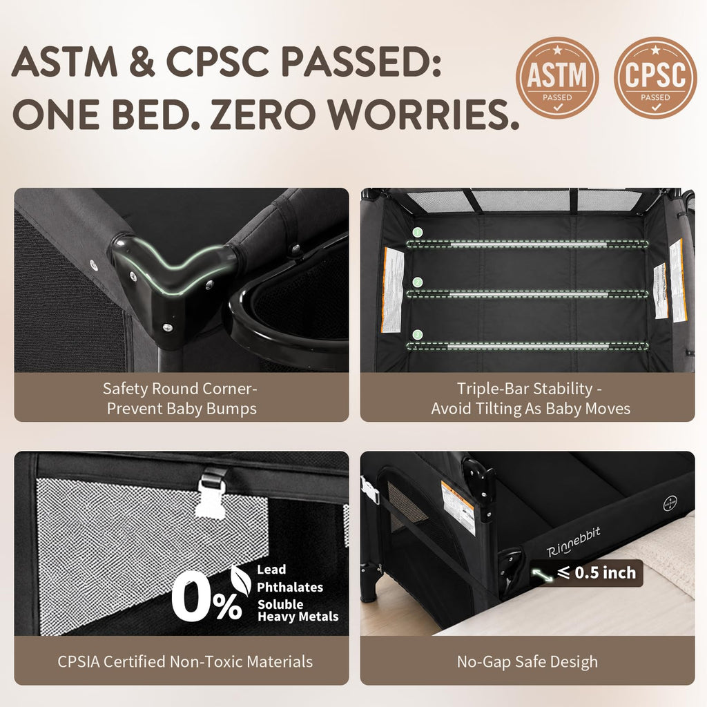 4-in-1 Pack and Play, Baby Bassinet Bedside Sleeper, Black M437
