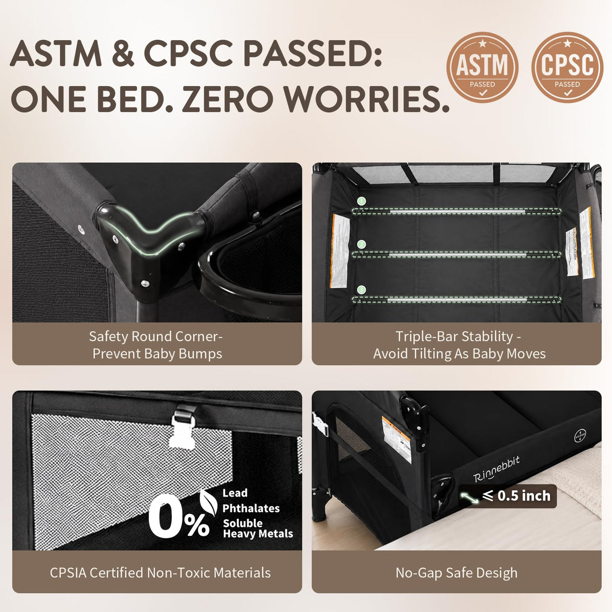 4-in-1 Pack and Play, Baby Bassinet Bedside Sleeper, Black M437