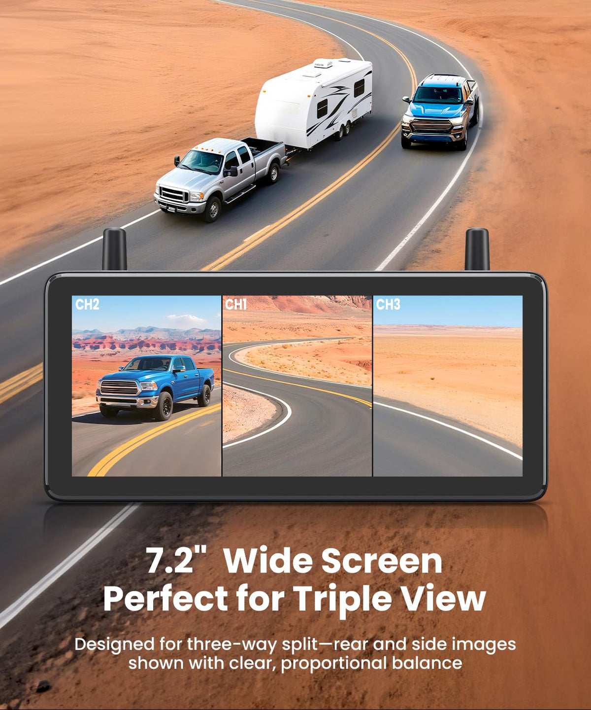 Wireless RV Backup Camera System with 7.2” 3 Split-Screen Monitor T90211