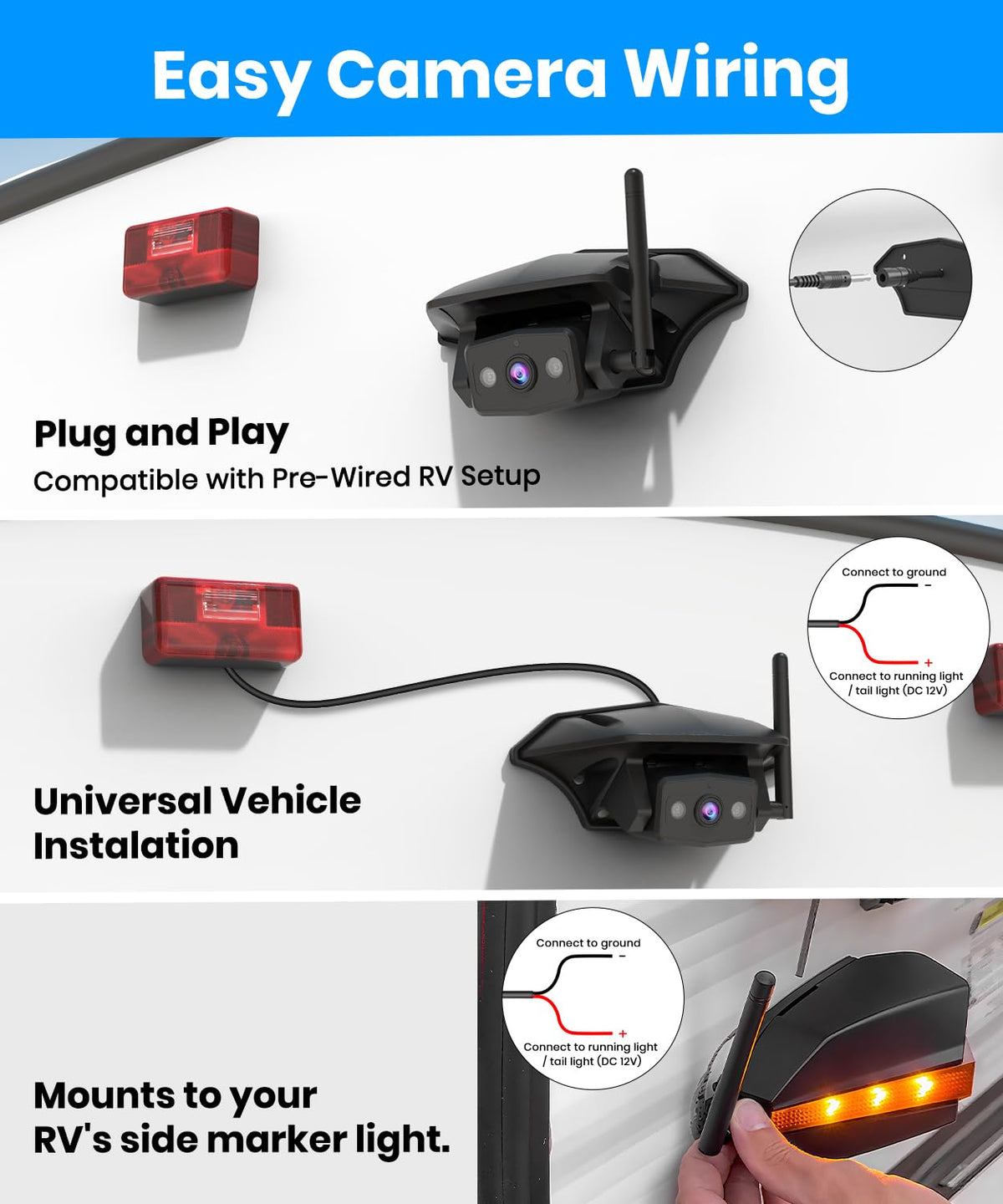 Wireless RV Backup Camera System with 7.2” 3 Split-Screen Monitor T90211