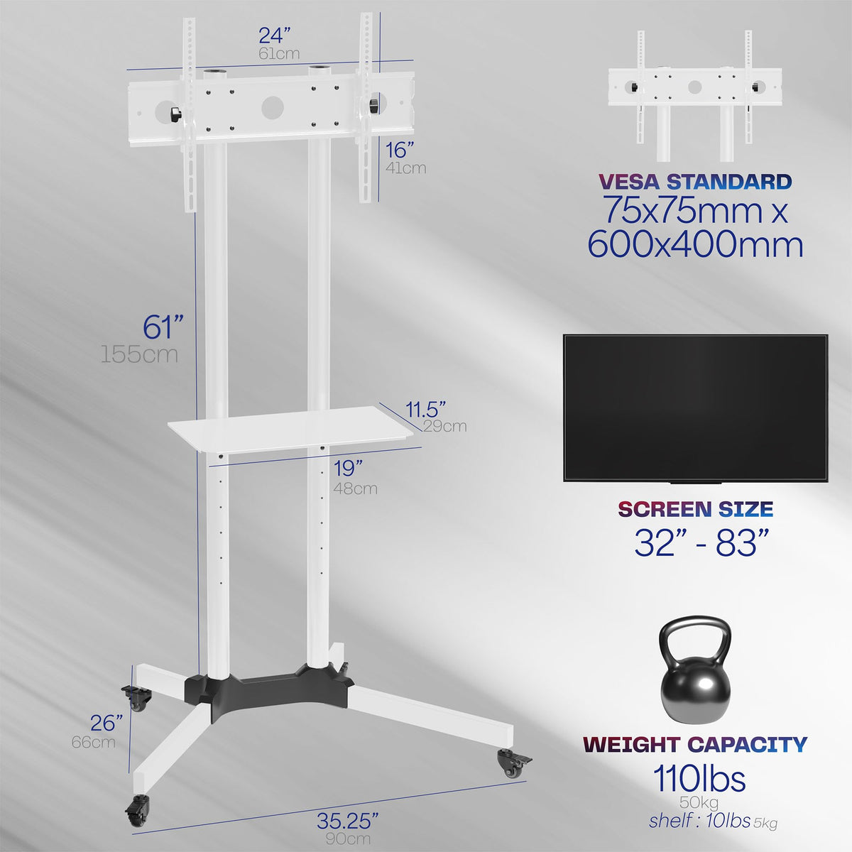Mobile TV Cart for 32 to 83 inch Screens up to 110 lbs, White B577