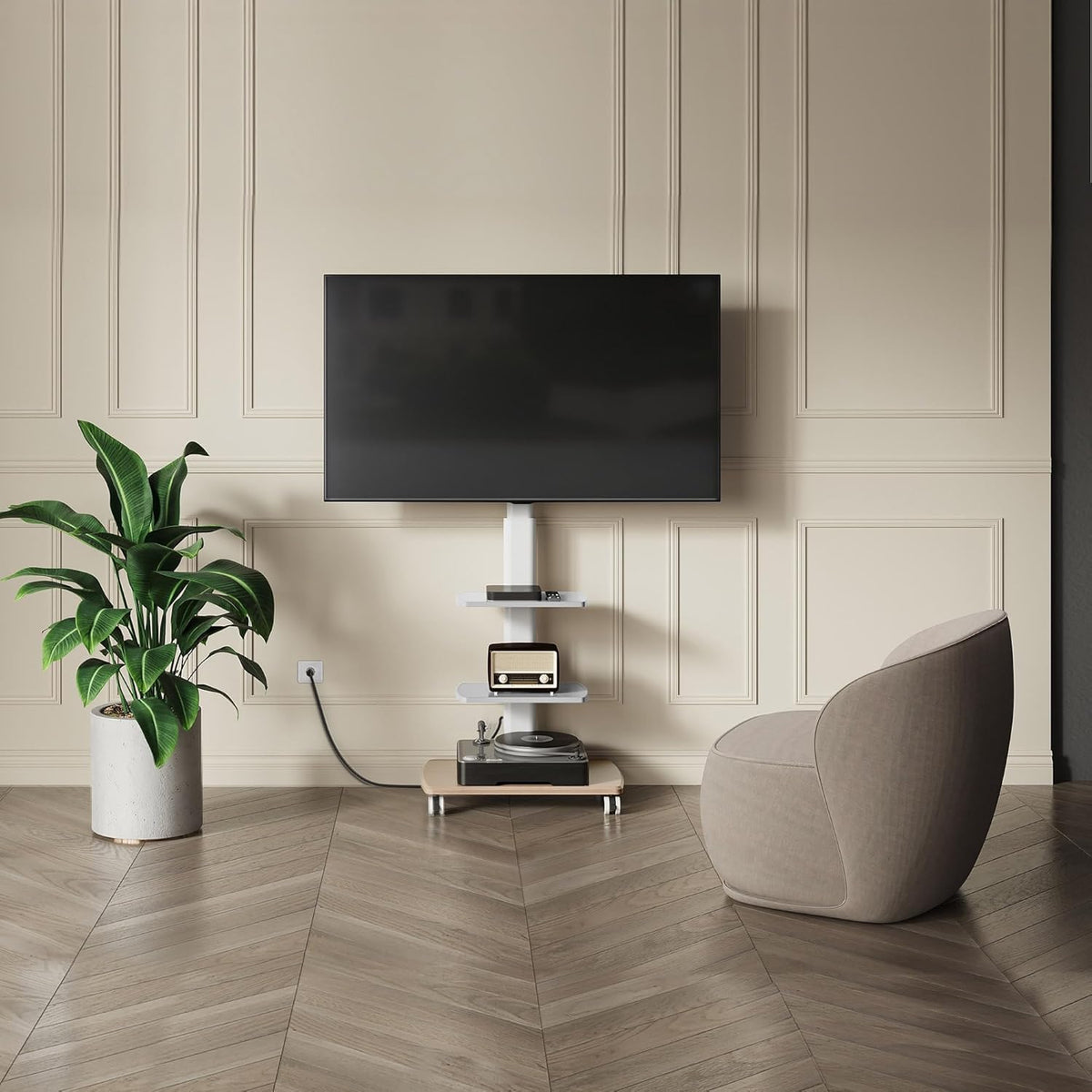 White Rolling TV Stand with Power Outlets T662