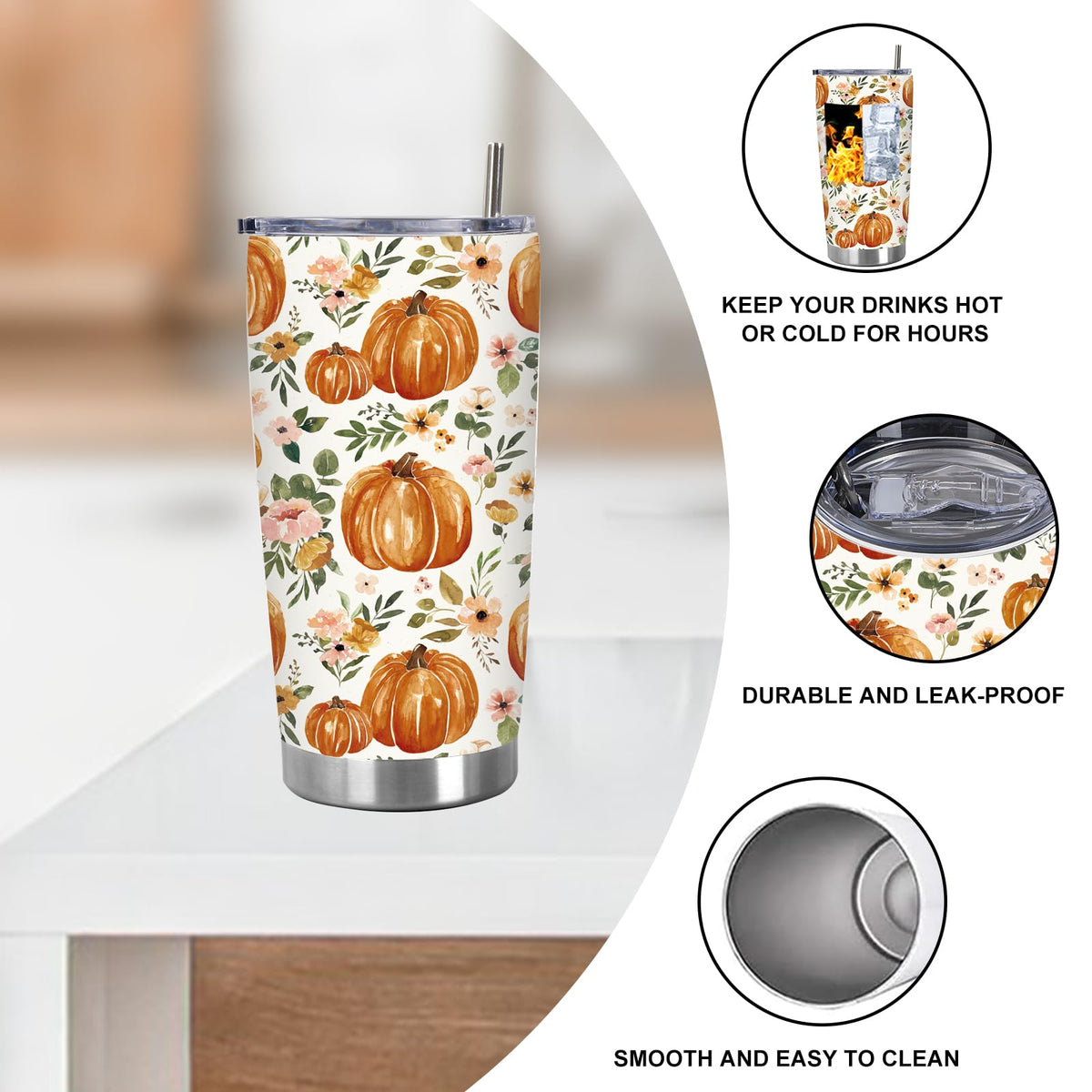 20 Oz Floral Pumpkin Tumbler with Lid Straw Y83601