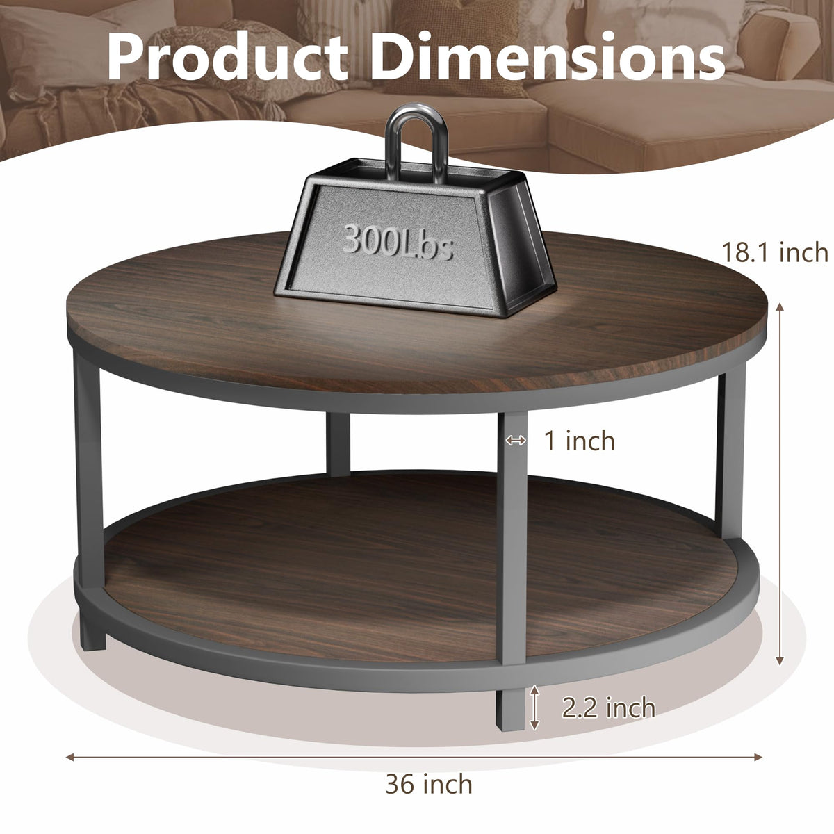 36" Round 2-Tier Coffee Table with Storage Shelf, Black Walnut L86564