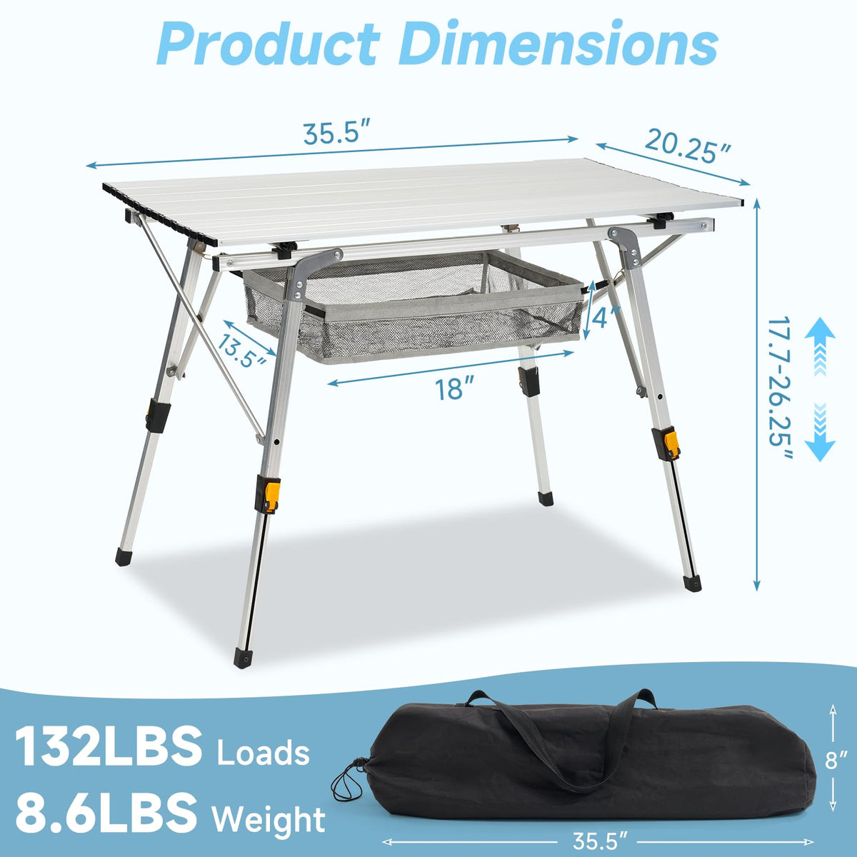 Camping Table Portable Foldable with Adjustable Legs & Storage Layer Q103731