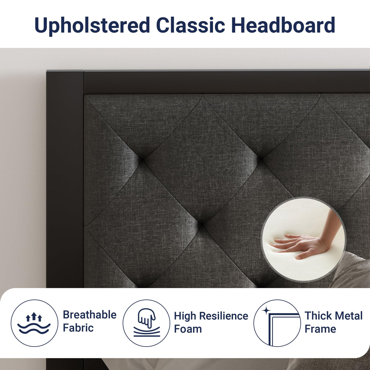 Twin Bed Frame with Upholstered Headboard, Dark Grey V76081