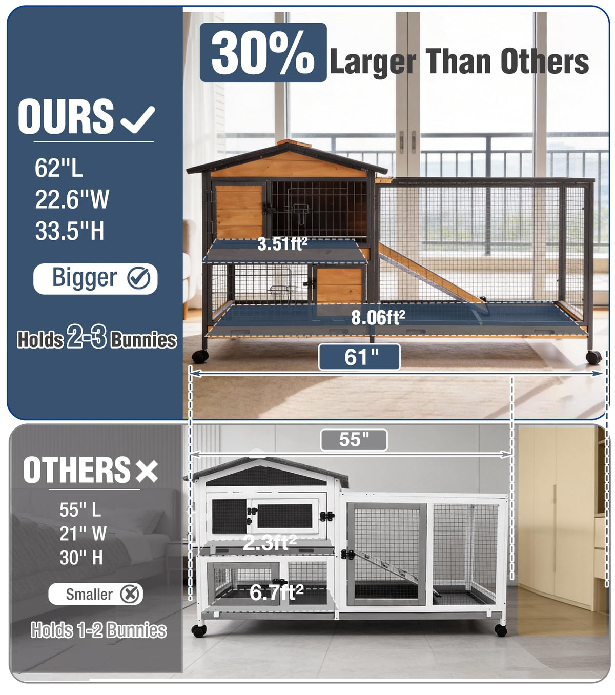 Extra Large Wooden Rabbit Hutch on Wheels C7132