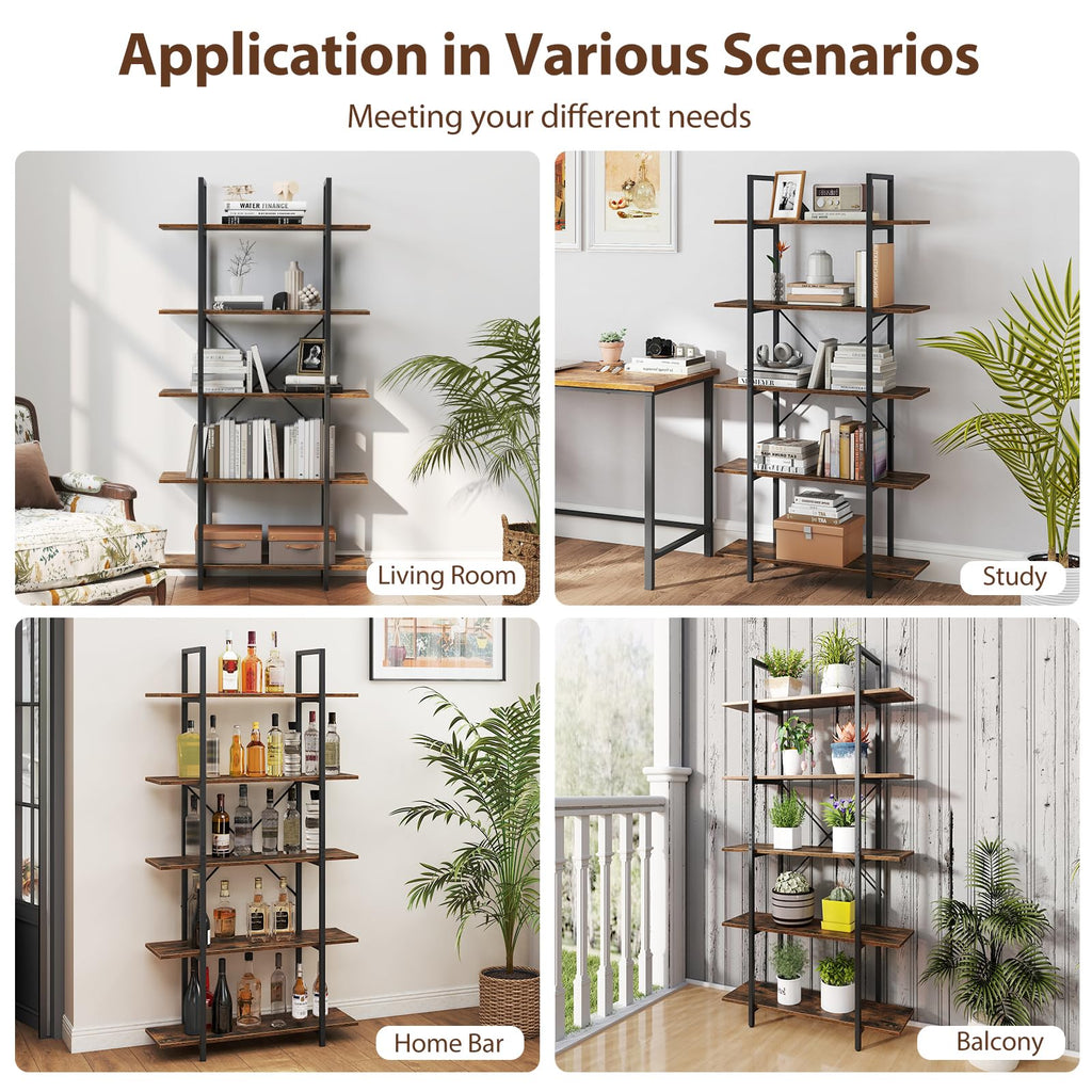 5-Tier Rustic Brown Bookshelf with Metal Frame W178368