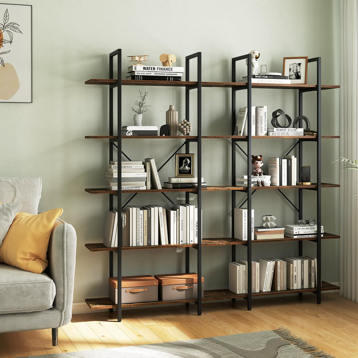 5-Tier Rustic Brown Bookshelf with Metal Frame W178368