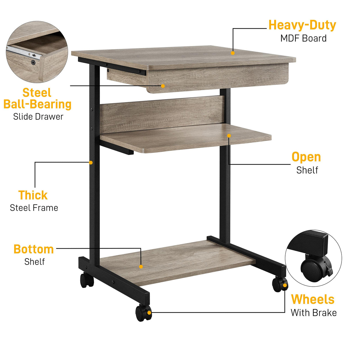 Gray 3-Tier Rolling Cart with Drawer H169