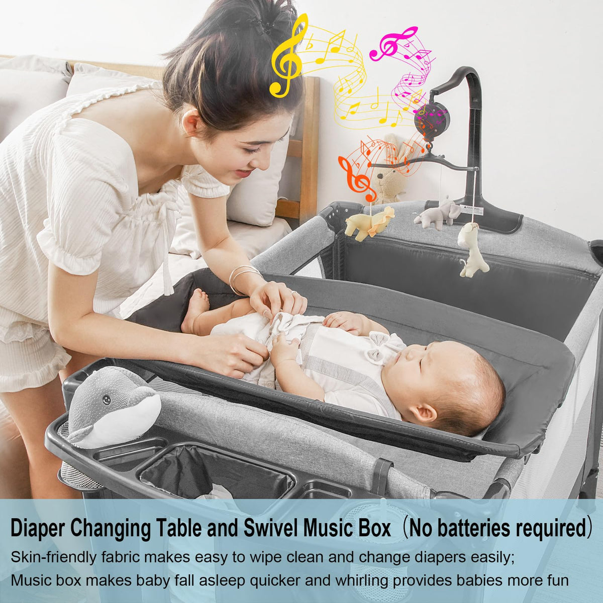 5-in-1 Pack and Play Baby Bassinet Bedside Sleeper Grey I1041