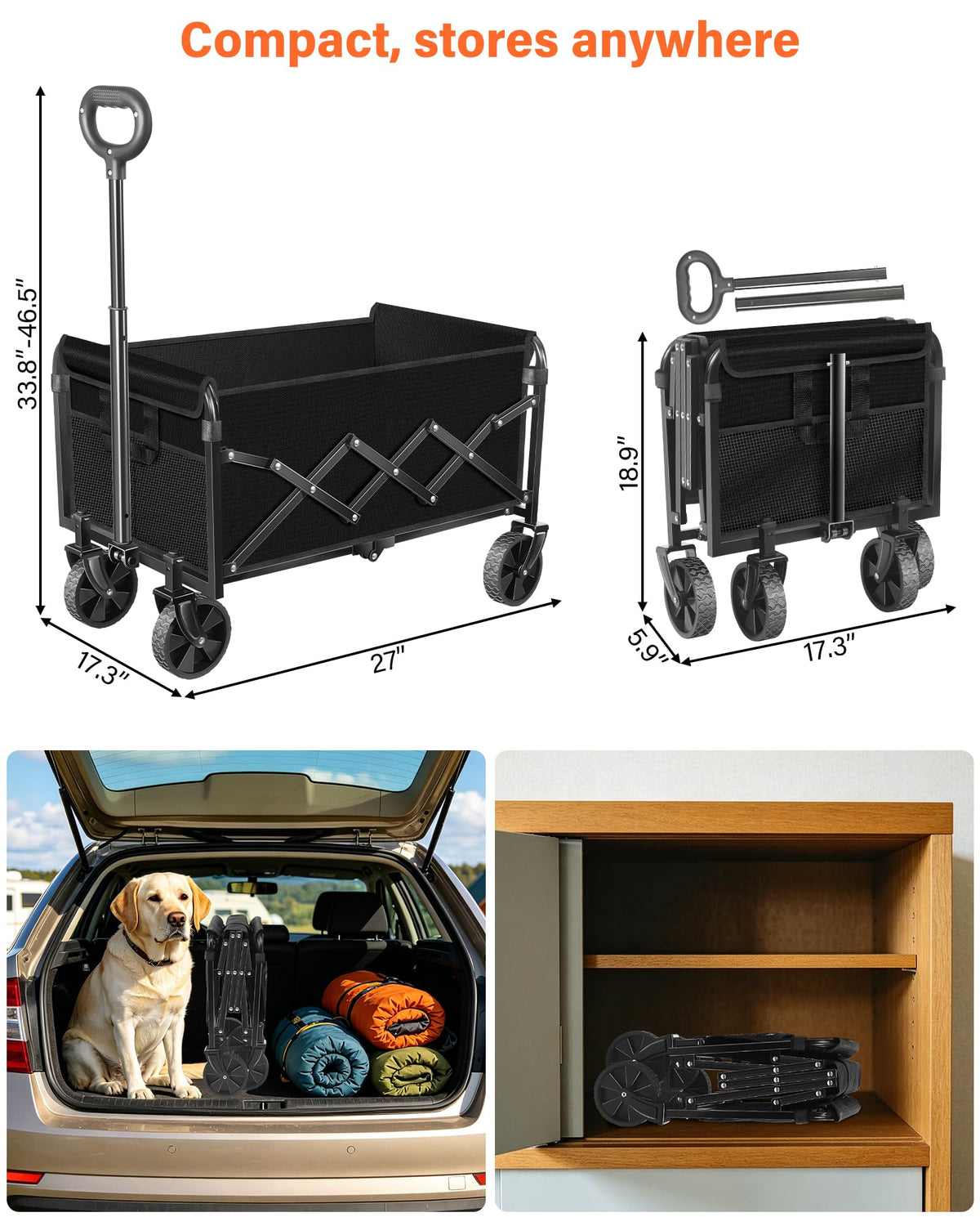 Foldable Wagon Cart with Wheels, 2 Cup Holders, Black X82130