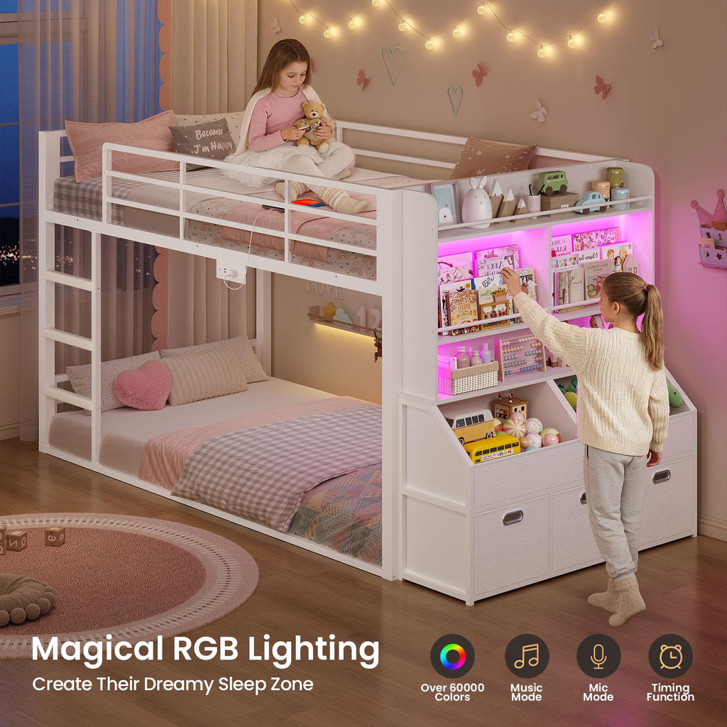 Twin Over Twin Bunk Bed with Bookshelf and Drawers B6672