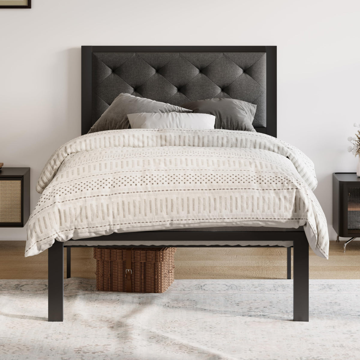 Twin Bed Frame with Upholstered Headboard, Dark Grey V76081