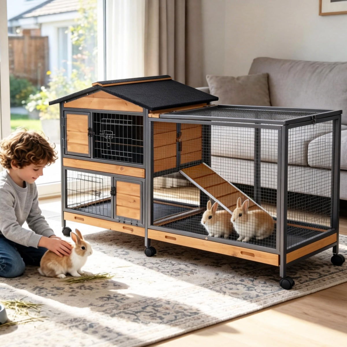 Extra Large Wooden Rabbit Hutch on Wheels C7132