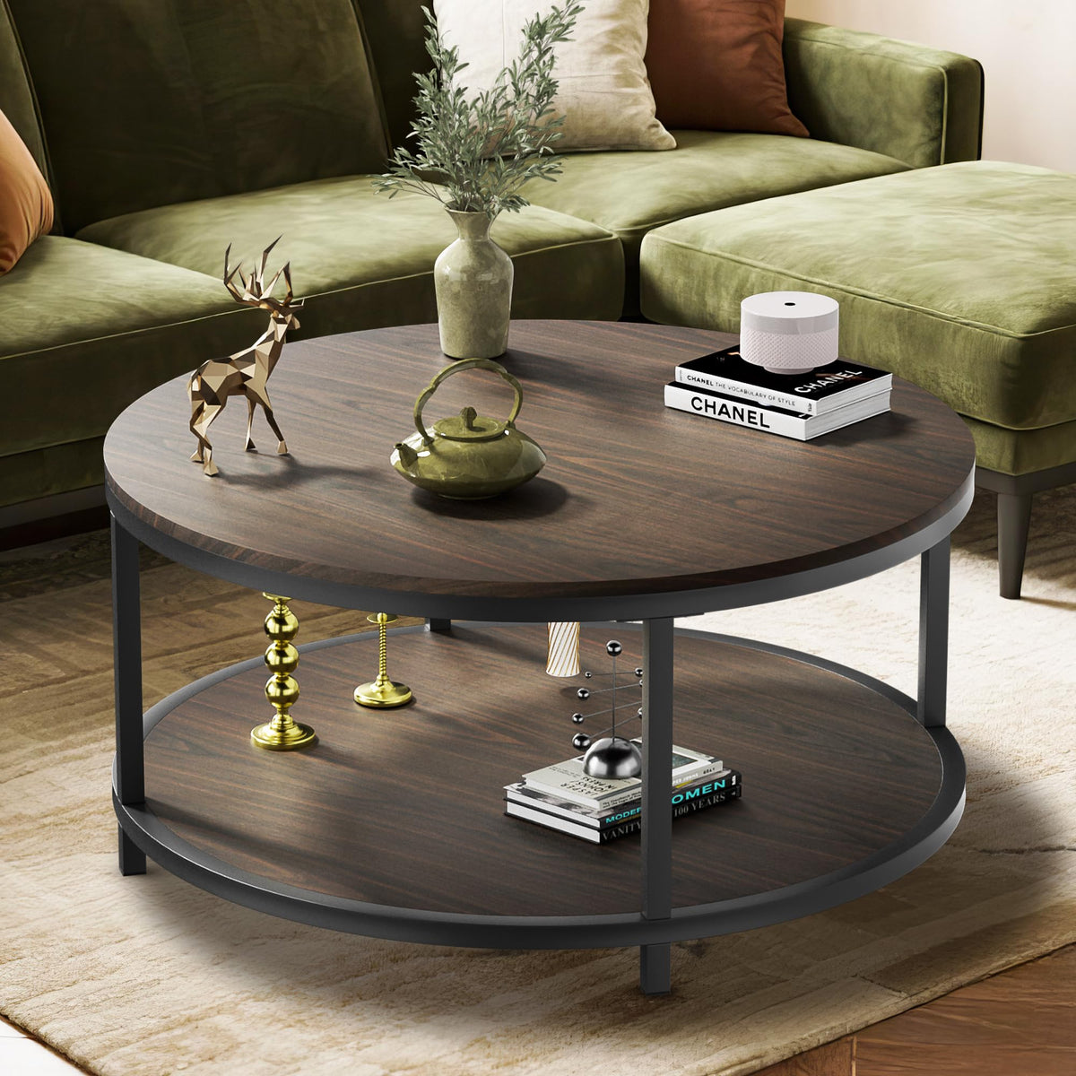 36" Round 2-Tier Coffee Table with Storage Shelf, Black Walnut L86564