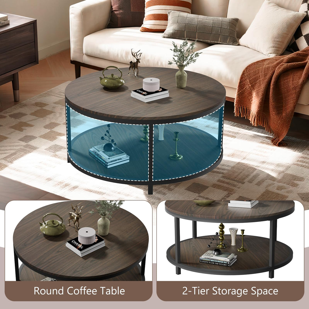 36" Round 2-Tier Coffee Table with Storage Shelf, Black Walnut L86564